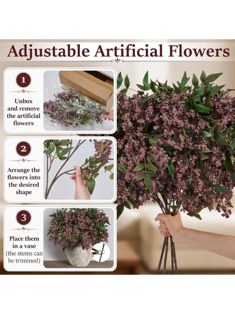 4Pcs 34in Purple Nandina Berry Stems - Full, Dense Branches for Floral